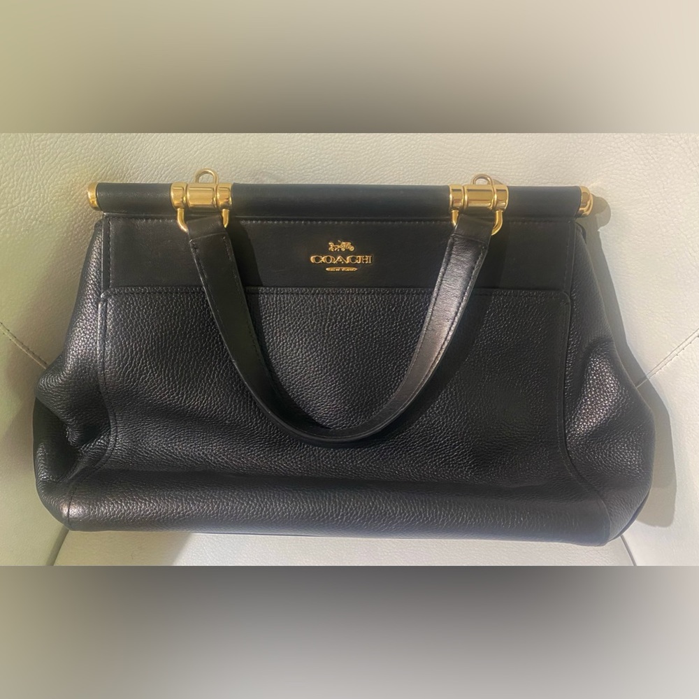 Coach Grace Bag, black leather with brass hardware, removable shoulder strap.